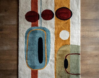Modern Teal Green Mustard Ivory Retro Geometric Hand Tufted 8x10 Wool Area Rugs for Living Room, Mid-Century Abstract Wool 6x9 Bedroom Rugs