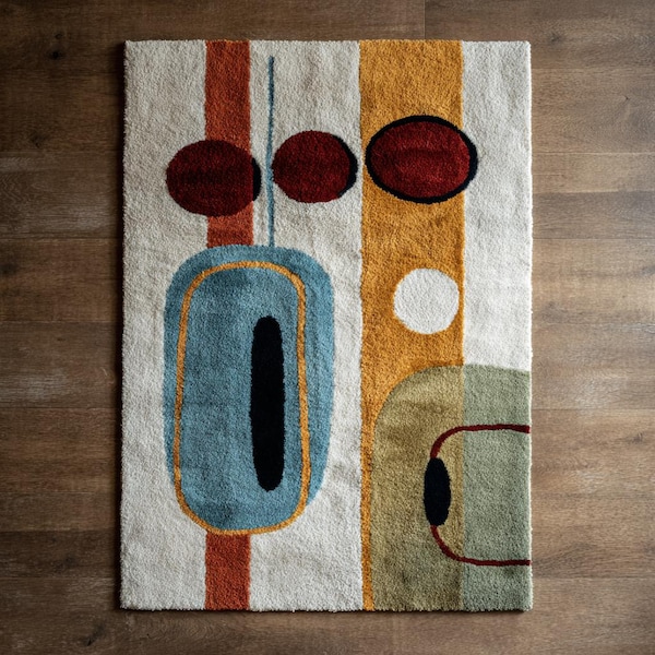 Modern blauwgroen mosterd ivoor retro geometrisch handgetuft 8 x 10 wollen karpetten voor woonkamer, abstracte wollen vloerkleden 6 x 9 slaapkamers uit het midden van de eeuw