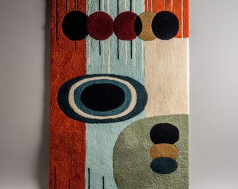 Modern Burnt Orange Teal Green Retro Geometric Hand Tufted 8x10 Wool Area Rugs for Living Room, Mid-Century Abstract Wool 10x14 Custom Rugs