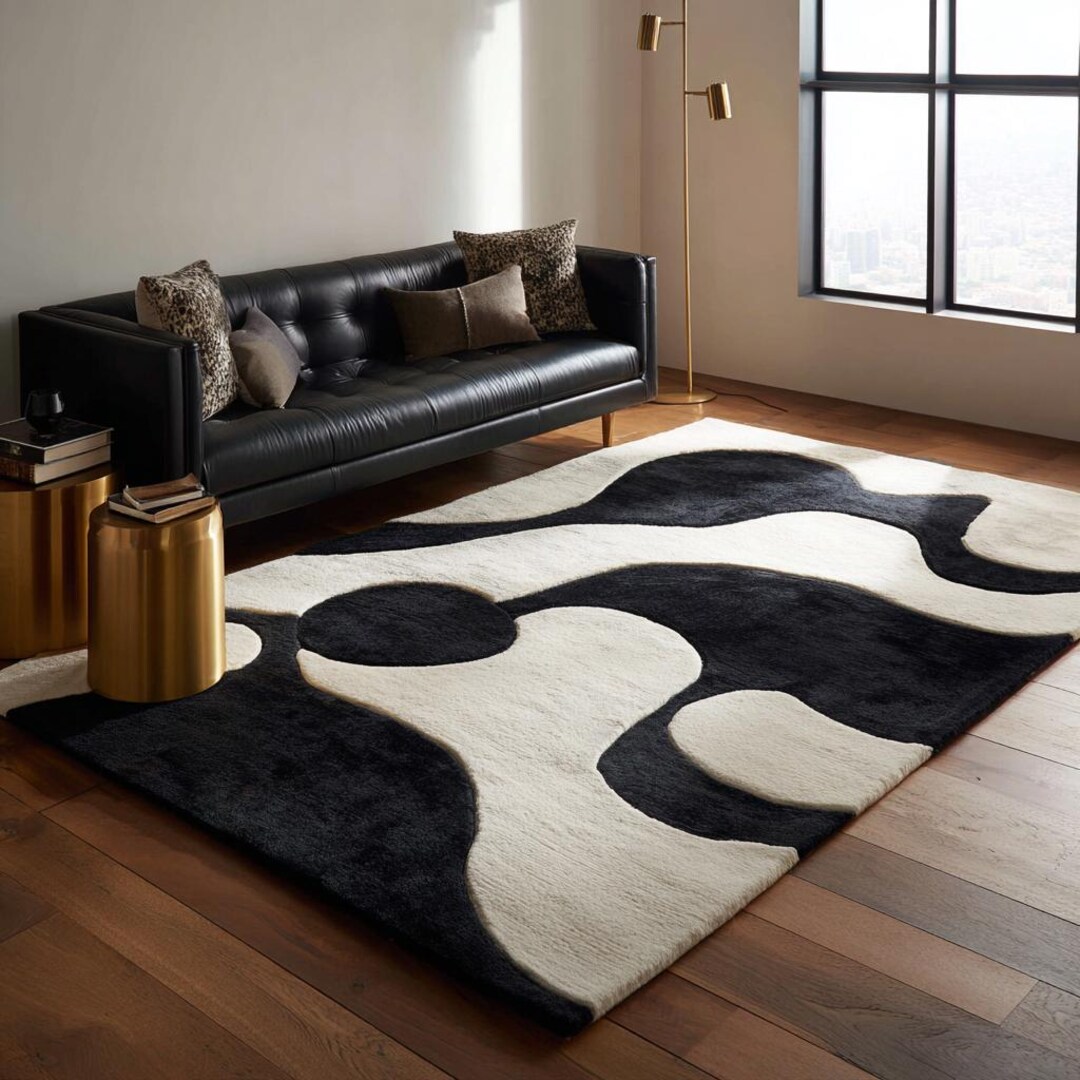 Modern Black White Wave Pattern Hand Tufted Wool 8x10 Area Rugs for ...