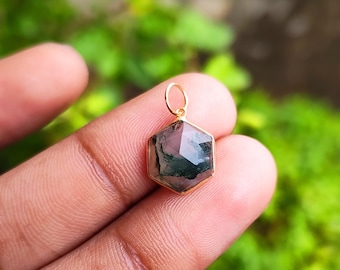 Handmade 18k Solid Gold Moss Agate Octagon Pendant