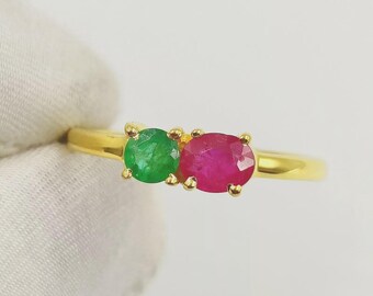 Handgemachter 14k Goldring: Natürlicher Rubin & Smaragd Edelstein - Frauenjubiläum