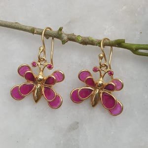Beautiful Butterfly Pink Ruby Earring, 925 Sterling Silver Gold Plated Earring, Hook Earring, Wedding Gemstone Earring, Handmade Earring