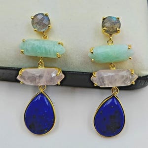 Natural Lapis Lazuli Earrings, Silver Lapis Earrings, Dangle Drop Earrings, Lapis Lazuli & Multicolor Gemstone Earring, Unique Gifts Her