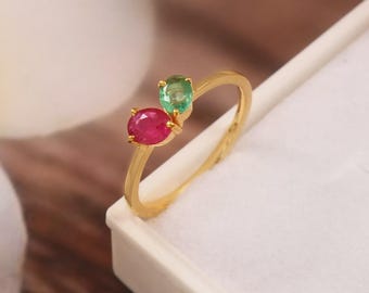 Handgefertigter 14k Goldring: Natürlicher Rubin & Smaragd Brautring