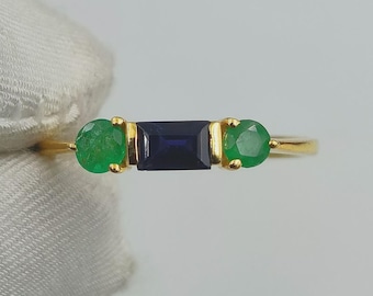 Handmade Iolite & Emerald Ring: Gold Plated Sterling Silver