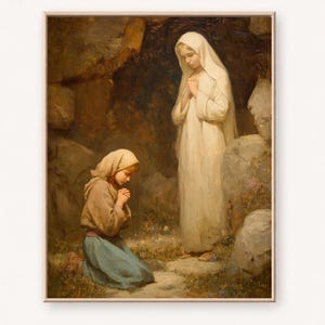 May include: An antique framed painting depicts two figures in prayer. One kneels in a blue skirt and tan top, the other stands in a white robe. The background features a rocky cave setting with muted tones of brown and green.