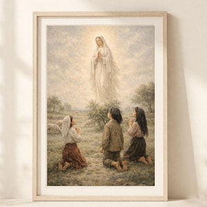 May include: A framed print depicts a religious scene. A woman in a white gown appears above three kneeling figures in a field. The artwork has a soft, muted color palette with a focus on the figures and the landscape.