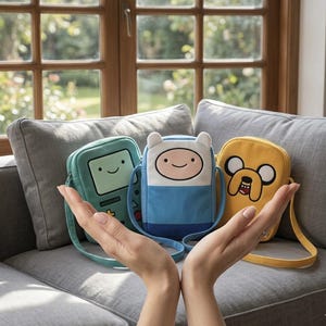 May include: Three small rectangular crossbody bags featuring cartoon character designs. One bag is teal with a BMO face, one is blue and white with a Finn face and ears, and one is yellow with a Jake face. Each bag has a matching shoulder strap.