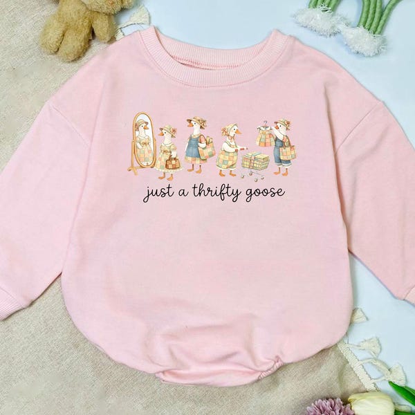 Just A Thrifty Goose Romper, Thrifty Goose Outfit, Vintage Goose Baby Clothing, Cute Farm Goose Design, Toddler Unisex Romper