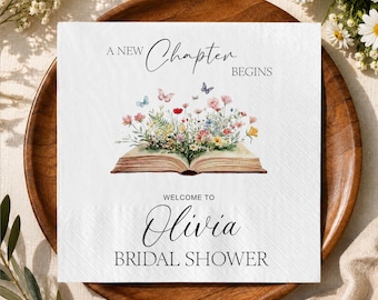A New Chapter Begins Wedding Napkins, Personalized Bridal Shower Cocktail Napkin, Book Theme Bridal Shower Decor, Custom Wedding Party Favor