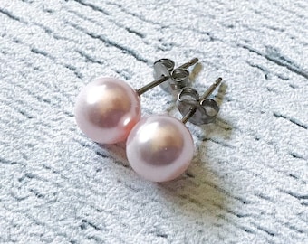 Pearl Titanium Earrings, Pink Rosaline Swarovski Pearl Earrings, 8mm or 6mm, Hypoallergenic