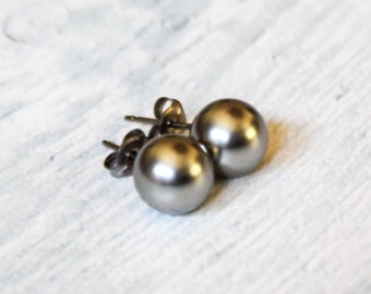 Pearl Titanium Earrings, Grey Swarovski Pearl Earrings, 8mm or 6mm, Hypoallergenic
