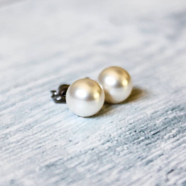 Pearl Titanium Earrings, White Swarovski Pearl Earrings, 8mm or 6mm, Hypoallergenic