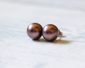 Pearl Titanium Earrings, Velvet Brown Swarovski Pearl Earrings, 8mm or 6mm, Hypoallergenic