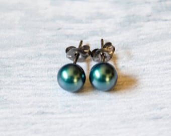 Pearl Titanium Earrings, Tahitian Green Swarovski Pearl Earrings, 8mm or 6mm, Hypoallergenic
