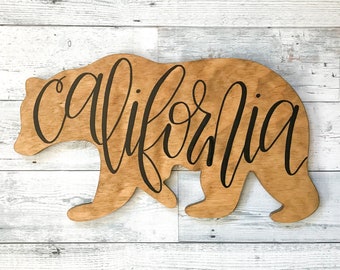 California Bear Wooden Sign Hand Lettered Calligraphy Custom Made Wall Art