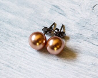 Pearl Titanium Earrings, Rose Gold Swarovski Pearl Earrings, 8mm or 6mm, Hypoallergenic