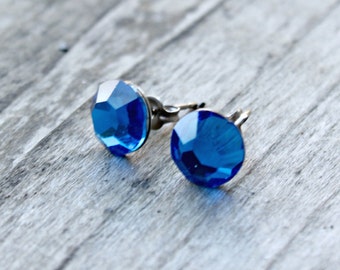 Titanium Earrings, Capri Blue Swarovski Crystal, Hypoallergenic