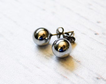 Silver Ball Titanium Earrings, Gunmetal (Dark Silver) Hemalyke Earrings, 8mm or 6mm, Hypoallergenic, Sensitive Ears