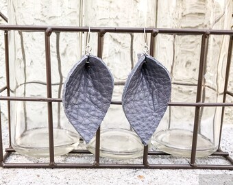 Titanium Leather Earrings, Steel Gray Leather Leaf Earrings with Hypoallergenic Titanium Ear Wires, 2 sizes