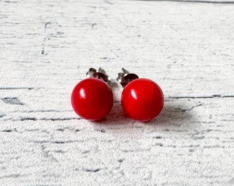 Red Bamboo Coral Ball Titanium Earrings, Pink Bamboo Coral Earrings, 6mm or 8mm, Hypoallergenic, Sensitive Ears