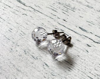 Cubic Zirconia Ball Titanium Earrings, Clear Faceted CZ Ball Earrings, 8mm or 6mm, Hypoallergenic for sensitive ears