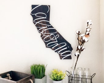 Large California Sign, Hand Lettered Calligraphy on CA Shaped Wooden Sign, Custom Made Wall Art