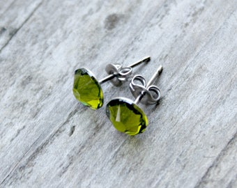 Titanium Earrings, Olivine Green Swarovski Crystal, Hypoallergenic