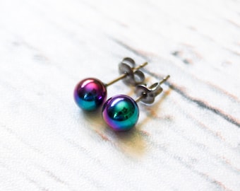 Rainbow Ball Titanium Earrings, Multi-colored Hemalyke Earrings, 6mm or 8mm, Hypoallergenic, Sensitive Ears