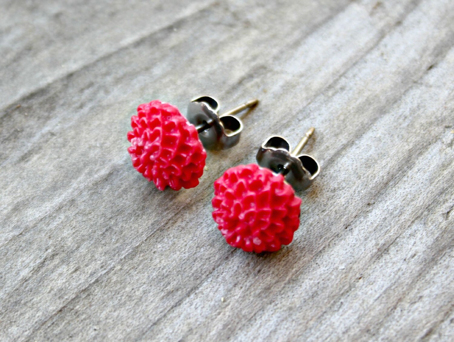 Red Earrings 10mm Wood and Resin Stud Earrings *Tiny POPS Original*