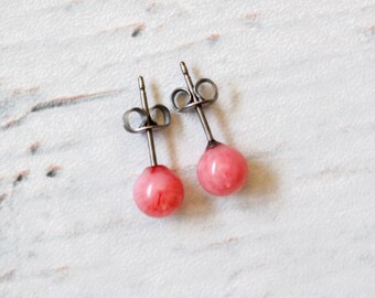 Pink Coral Ball Titanium Earrings, Pink Bamboo Coral Earrings, 6mm, Hypoallergenic, Sensitive Ears