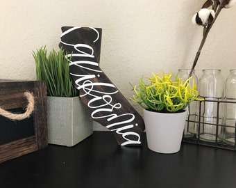 Small California Sign, Hand Lettered Calligraphy on CA Shaped Wooden Sign, Custom Made Wall Art