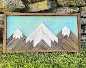 Rustic Mountain Wood Wall Art, Snow Capped Mountains with Light Blue, Starry, or Sunset Sky