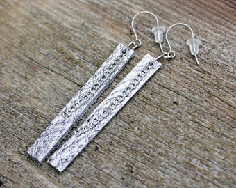 Titanium Leather Earrings, Pewter Metallic Leather with chain on Hypoallergenic Titanium Ear Wires, 2 sizes