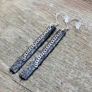 Titanium Leather Earrings, Black Metallic Leather with Chain on Hypoallergenic Titanium Ear Wires, 2 sizes