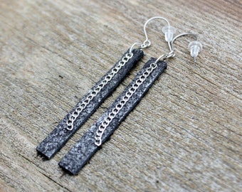 Titanium Leather Earrings, Black Metallic Leather with Chain on Hypoallergenic Titanium Ear Wires, 2 sizes
