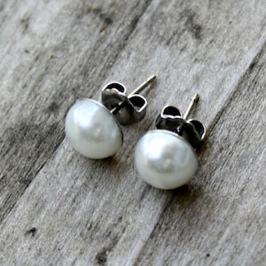 Pearl Titanium Earrings, Faux Flat Back White Pearls, 8 mm, Hypoallergenic