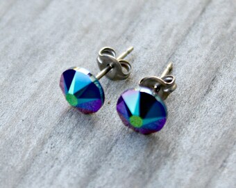 Titanium Earrings, Scarabaeus Green  Swarovski Crystal, Hypoallergenic NEW VERSION