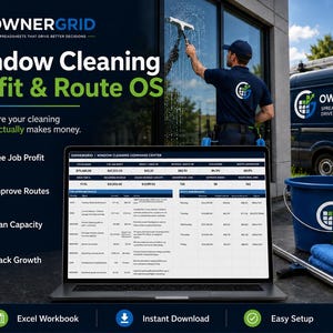 May include: A laptop displaying the OwnerGrid Window Cleaning Profit & Route OS software interface, featuring a dashboard with financial data, job profit metrics, and route performance tables, alongside a blue bucket and cleaning cloths.