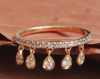 Lab Grown Diamond Dangling Ring / Hanging Teardrop Ring / Engagement Ring / Charm Wedding Ring / Rose Gold Tassel Ring / Anniversary Ring