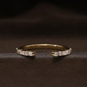 Open ring met tussenstuk, open trouwring, 14K gouden trouwring met tussenstuk, baguette en ronde moissanite diamanten verlovingsring, manchetring, stapelring