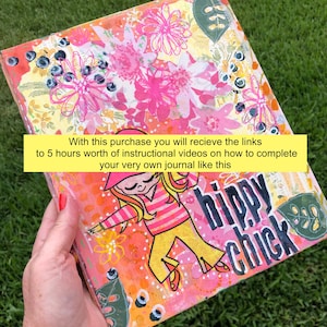 May include: A colorful journal with a pink, yellow, and green floral design. The cover features a cartoon girl with blonde hair and the text "hippy chick".