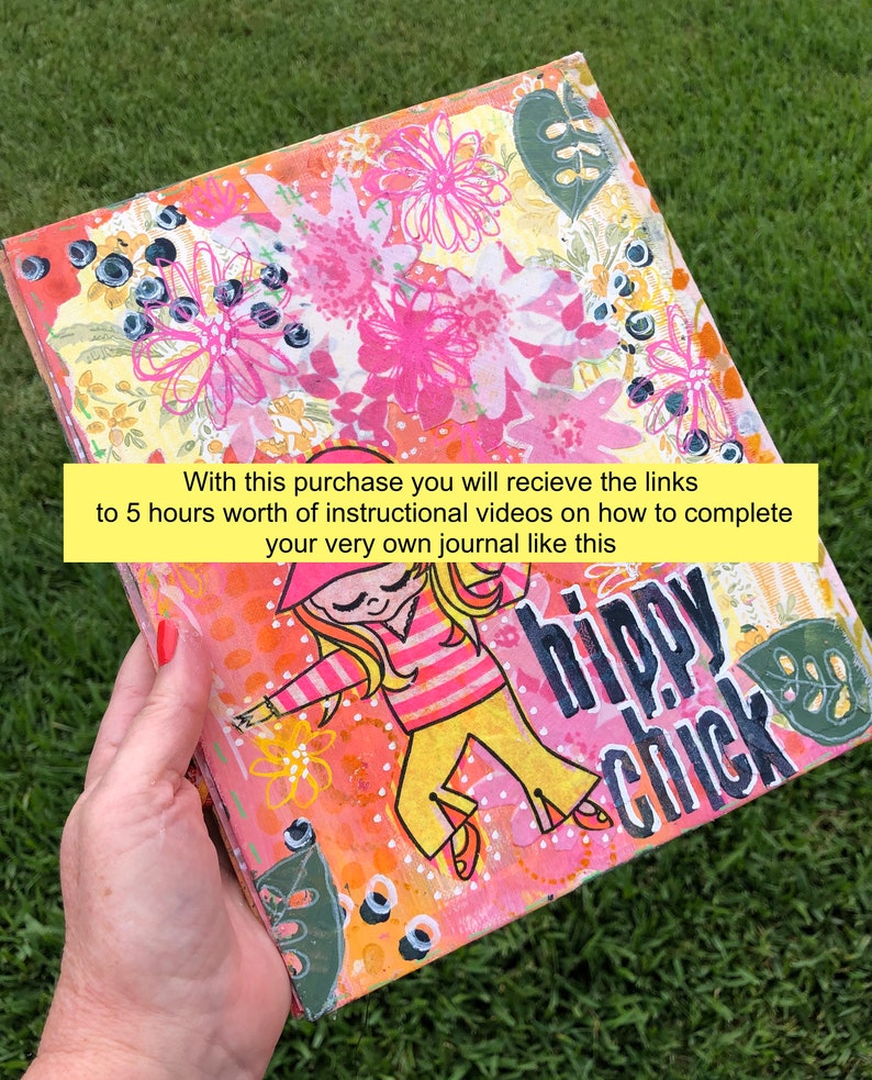 May include: A colorful journal with a pink, yellow, and green floral design. The cover features a cartoon girl with blonde hair and the text "hippy chick".