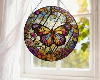 蝶と花のステンドグラスパネル、鮮やかな丸窓装飾 - Etsy 日本