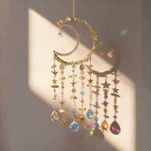 Handmade Crystal Suncatcher Crescent Moon, Healing Crystal Window Hanging, Rainbow Maker Decor, Boho Spiritual Home Gift