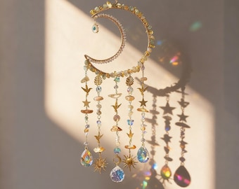 Handmade Crystal Suncatcher Crescent Moon, Healing Crystal Window Hanging, Rainbow Maker Decor, Boho Spiritual Home Gift