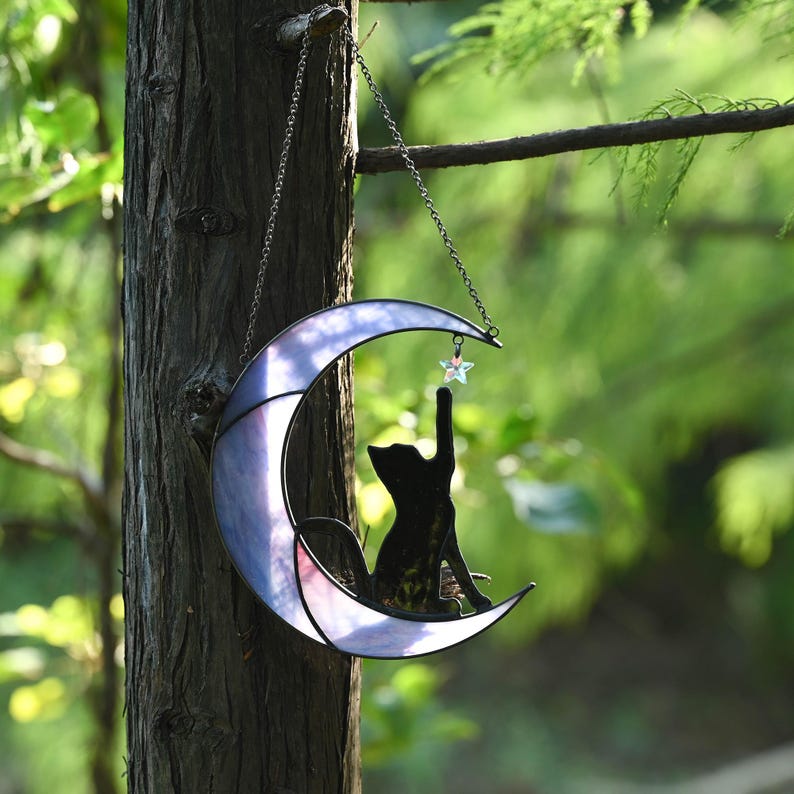 Stained Glass Cat on Crescent Moon Suncatcher, Handmade Glass Window Hanging, Celestial Home Decor, Gift for Cat and Moon Lovers image 3