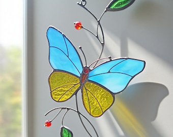 Stained Glass Blue and Yellow Butterfly Suncatcher – Handmade Colorful Glass Window Hanging Home Decor, Gift for Butterfly Lovers