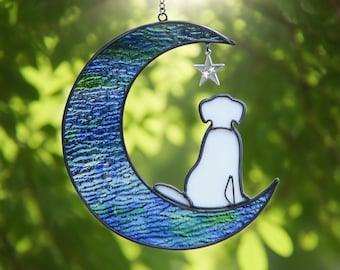Stained Glass Dog on Crescent Moon Suncatcher – Handmade Glass Window Hanging with Star Pendant, Celestial Pet Lover Gift and Home Decor